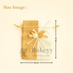 Jute potli gift bag with floral ribbon accents, 15x20 cm, Bakeyy gift packaging supplies