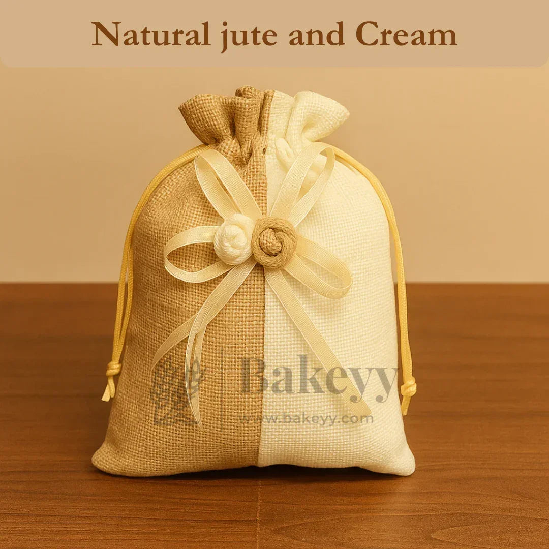 Natural jute and cream gift bag with floral ribbon accents, Bakeyy packaging supply.