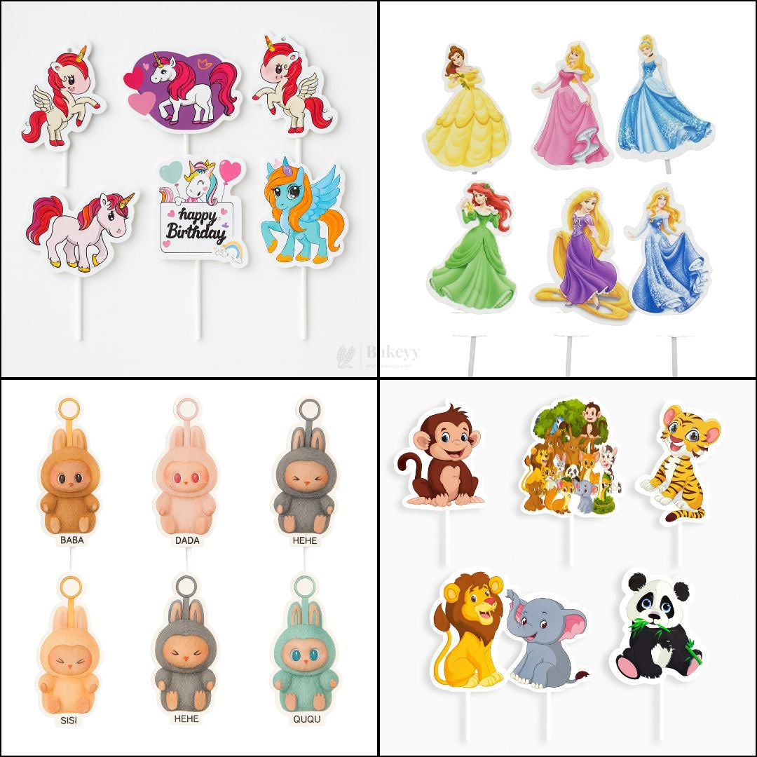 Kids Theme Cake Toppers | Fun Character Designs | Decorative Toppers for Cakes and Cupcakes | Pack of 6