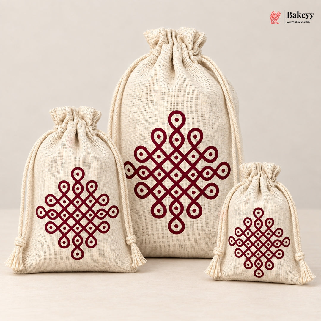 Kora Cotton Kolam Print Drawstring Potli Bag 