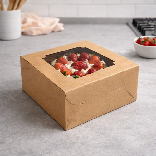 4 Inch Height | Inside Coated Kraft Cake Box with Designer Window Top | Premium Bakery Display Box | Pack of 25