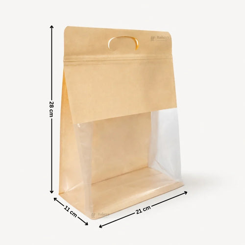 Kraft Paper Bread Pouch with Clear Window | Stand-Up Bakery Packaging Bag | 3 Sizes Available | Pack of 50