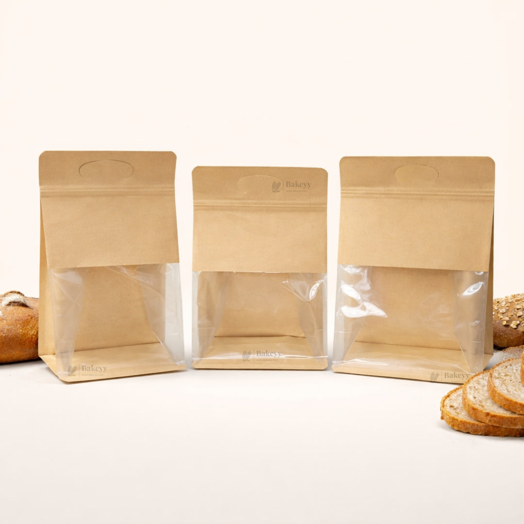 Kraft Paper Bread Pouch with Clear Window | Stand-Up Bakery Packaging Bag | 3 Sizes Available | Pack of 50