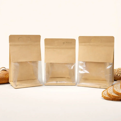 Kraft Paper Bread Pouch with Clear Window | Stand-Up Bakery Packaging Bag | 3 Sizes Available | Pack of 50