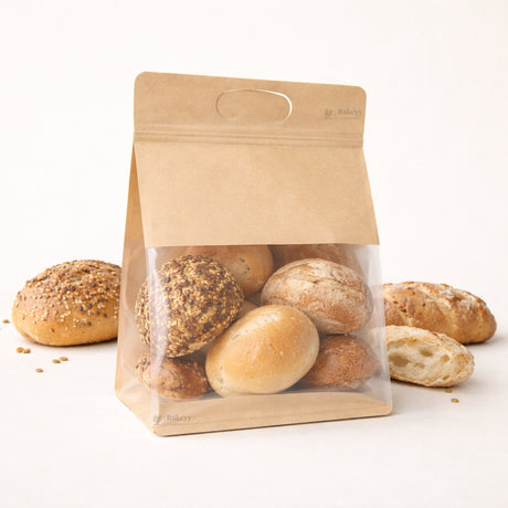 Kraft Paper Bread Pouch with Clear Window | Stand-Up Bakery Packaging Bag | 3 Sizes Available | Pack of 50