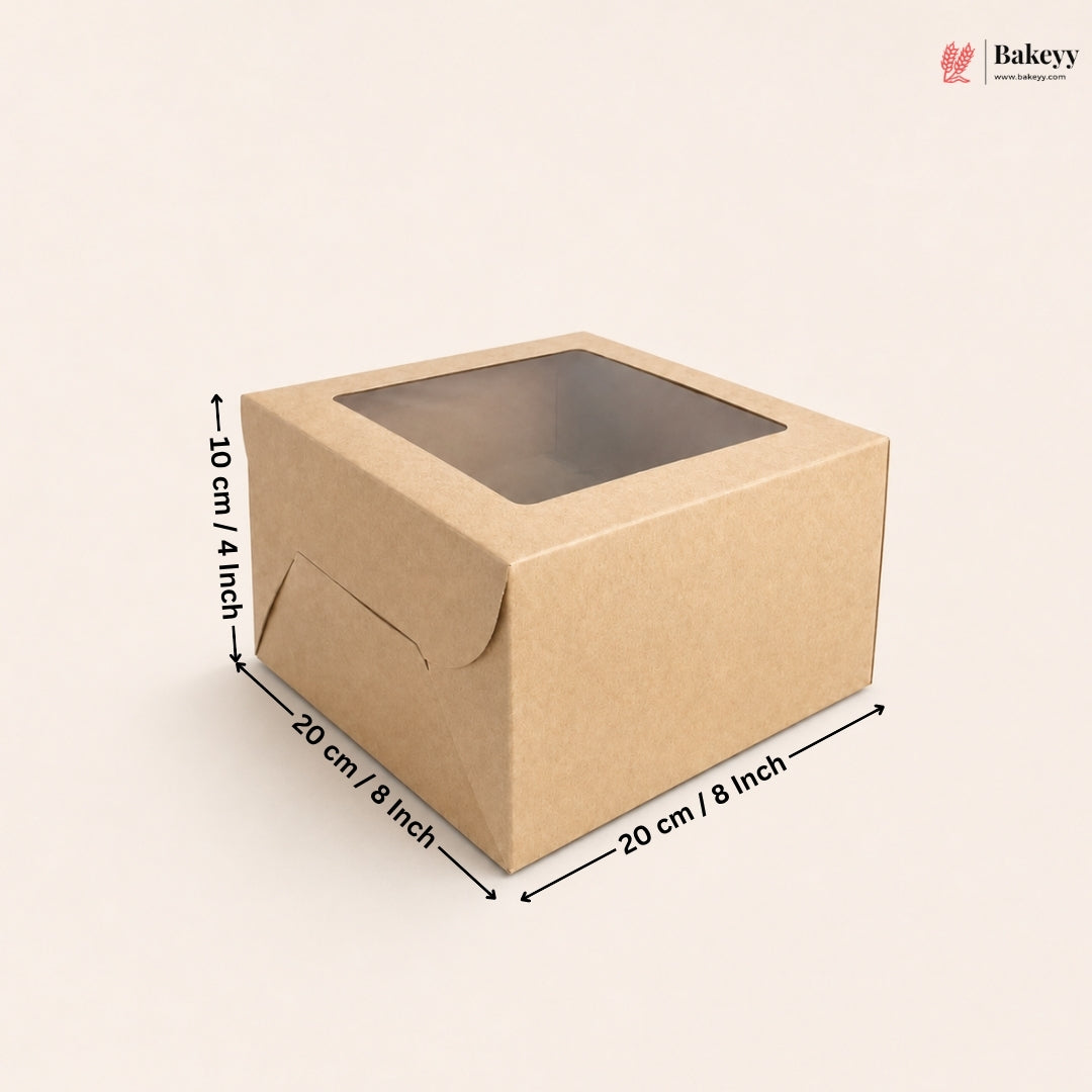 A square brown kraft paper window box with dimension annotations showing measurements of 20 cm by 20 cm by 10 cm, on a light beige background.