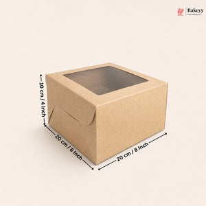A square brown kraft paper window box with dimension annotations showing measurements of 20 cm by 20 cm by 10 cm, on a light beige background.