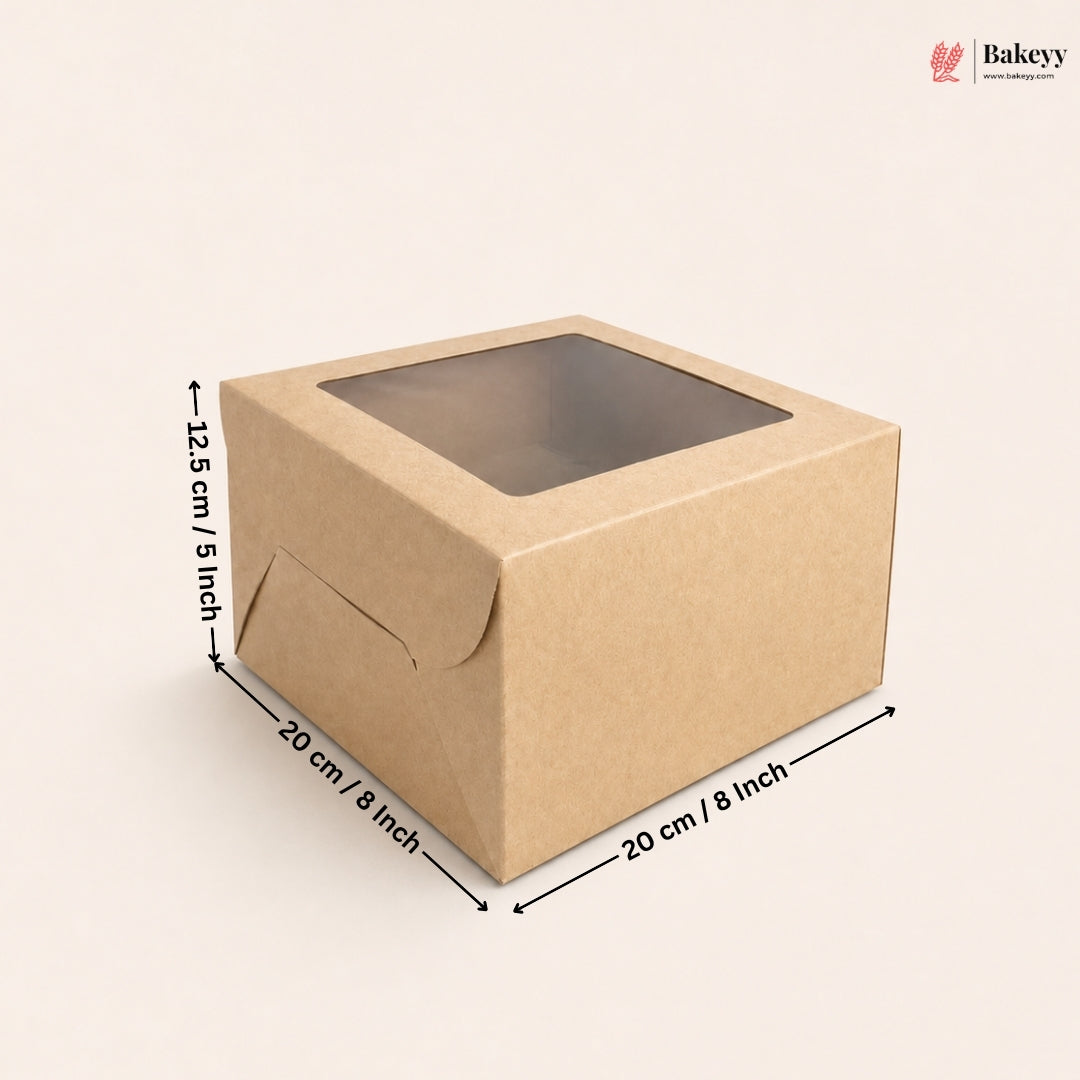 A square brown kraft paper box with a clear window on top, shown with dimension arrows and labels indicating 20 cm / 8 inch by 20 cm / 8 inch by 12.5 cm / 5 inch measurements on a light beige background.