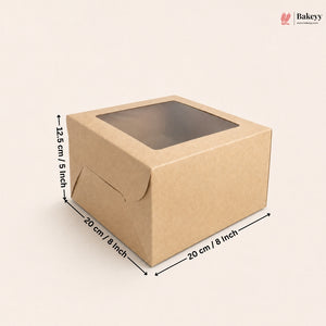 A square brown kraft paper box with a clear window on top, shown with dimension arrows and labels indicating 20 cm / 8 inch by 20 cm / 8 inch by 12.5 cm / 5 inch measurements on a light beige background.