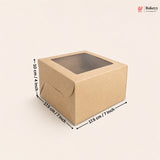A square brown kraft paper bakery box with a clear window on top, shown with dimension arrows and labels indicating 17.5 cm by 17.