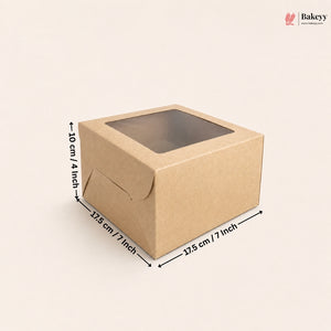 A square brown kraft paper bakery box with a clear window on top, shown with dimension arrows and labels indicating 17.5 cm by 17.