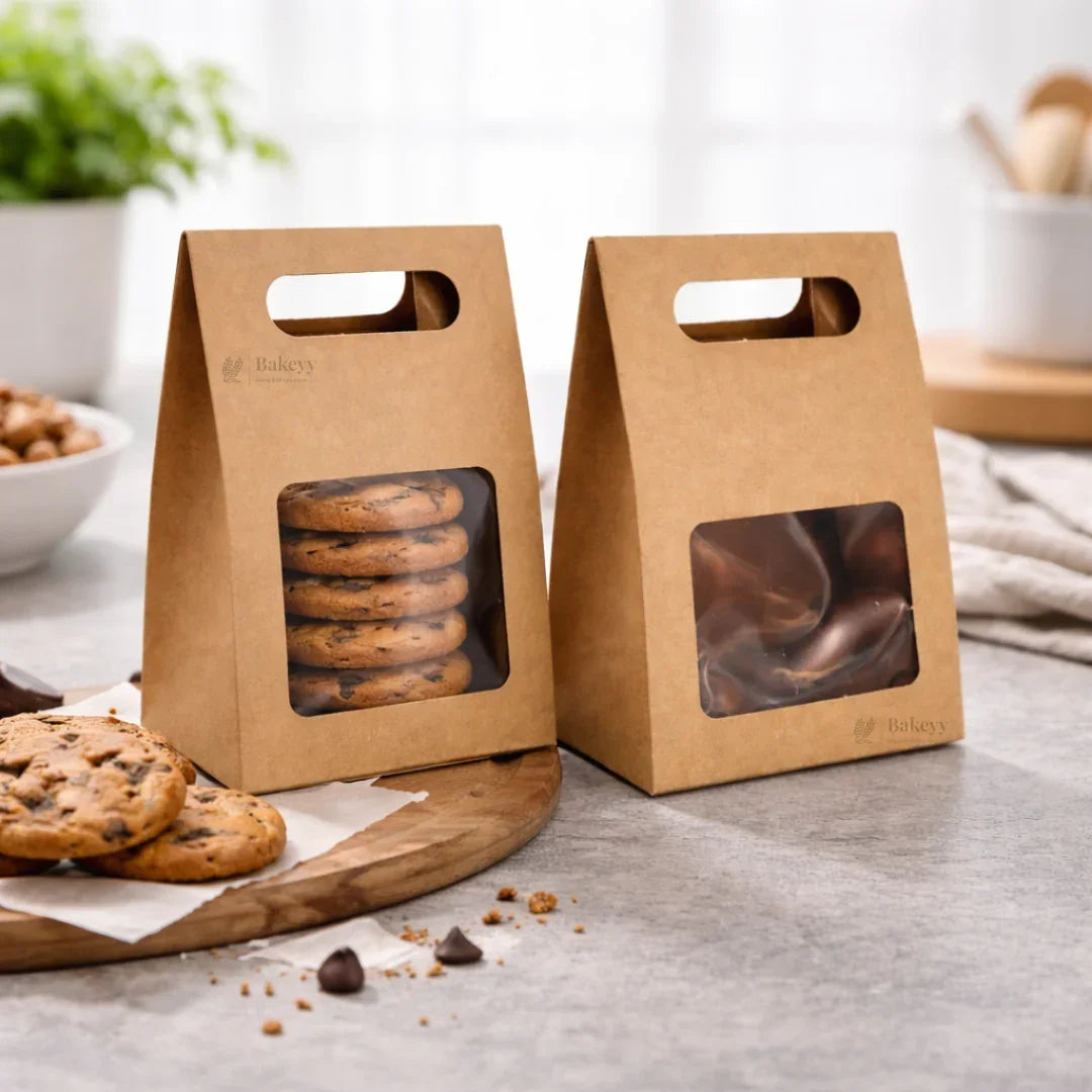 Kraft Window Cookie Box with Handle | Bakery Cookie Packaging Box | Pack of 50