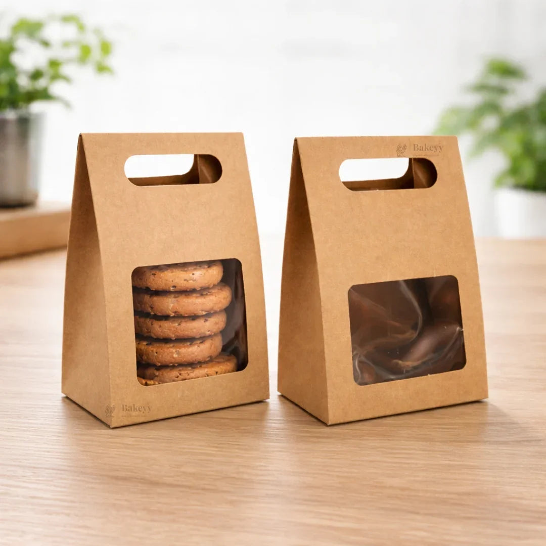 Kraft Window Cookie Box with Handle | Bakery Cookie Packaging Box | Pack of 50