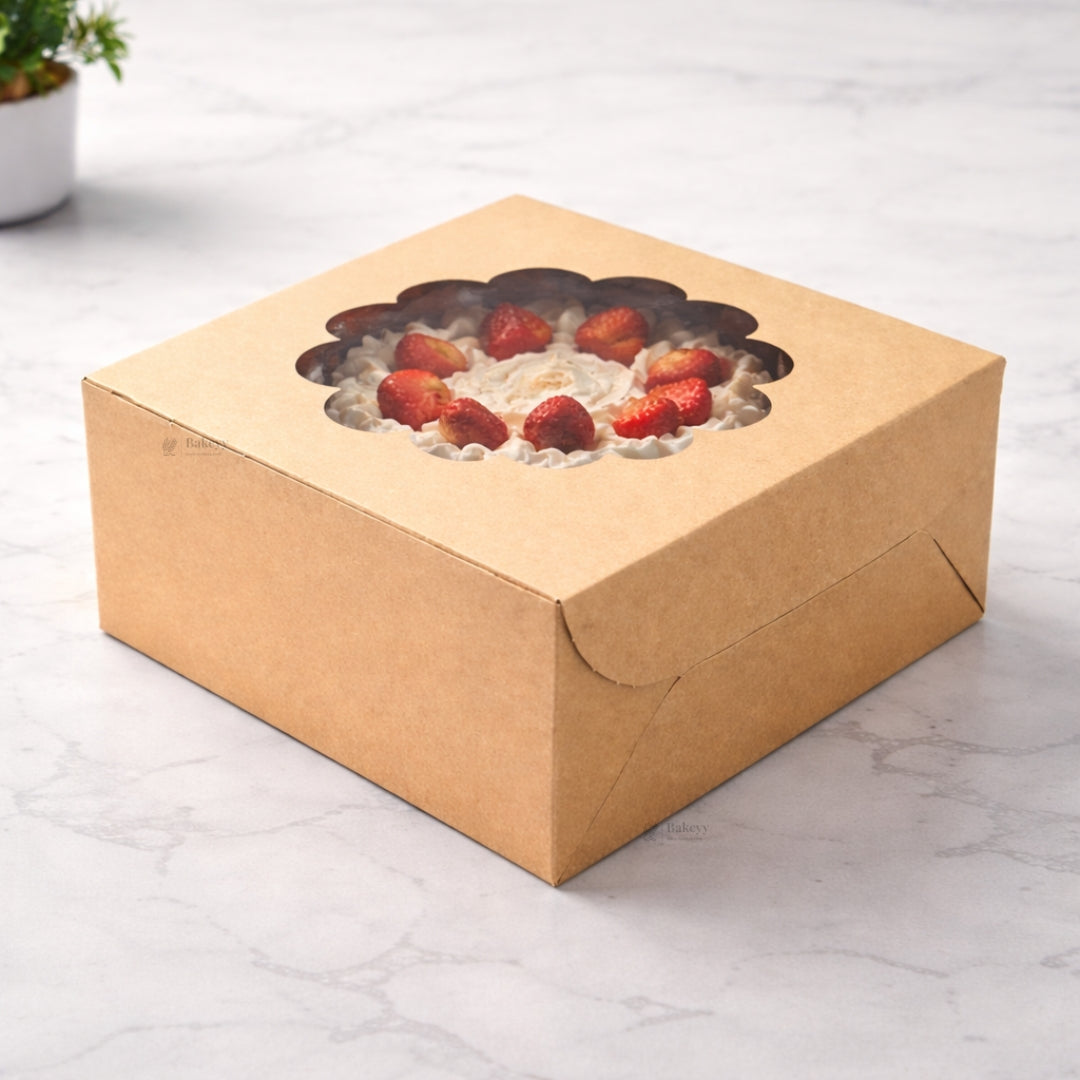 Kraft Cake Box with Flower Window Top | Multiple Sizes Available | Pack of 25