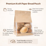 Kraft Paper Bread Pouch with Clear Window | Stand-Up Bakery Packaging Bag | 3 Sizes Available | Pack of 50
