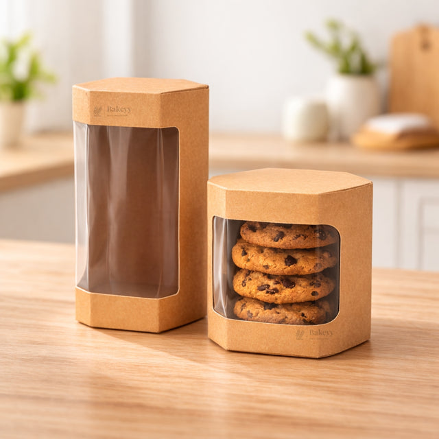 Hexagonal Kraft Window Cookie Box | Clear Display Bakery Cookie Packaging | 2 Size Options | 2 Sizes Available | Pack of 50