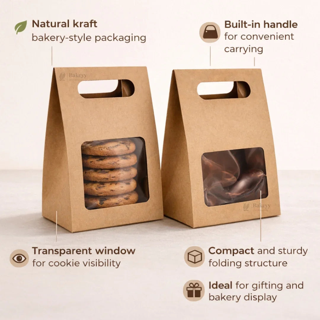 Kraft Window Cookie Box with Handle | Bakery Cookie Packaging Box | Pack of 50