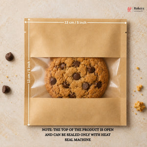 Bakeyv packaging of a chocolate chip cookie with dimensions and a note about sealing.