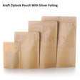 Kraft ziplock pouches with silver foiling on a white background