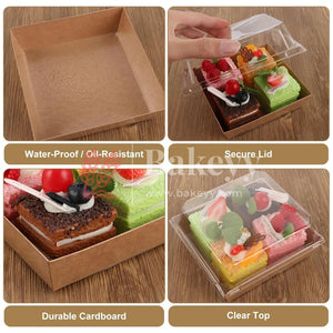 Collage of a cardboard dessert box with clear lid, showing its features on a wooden surface.