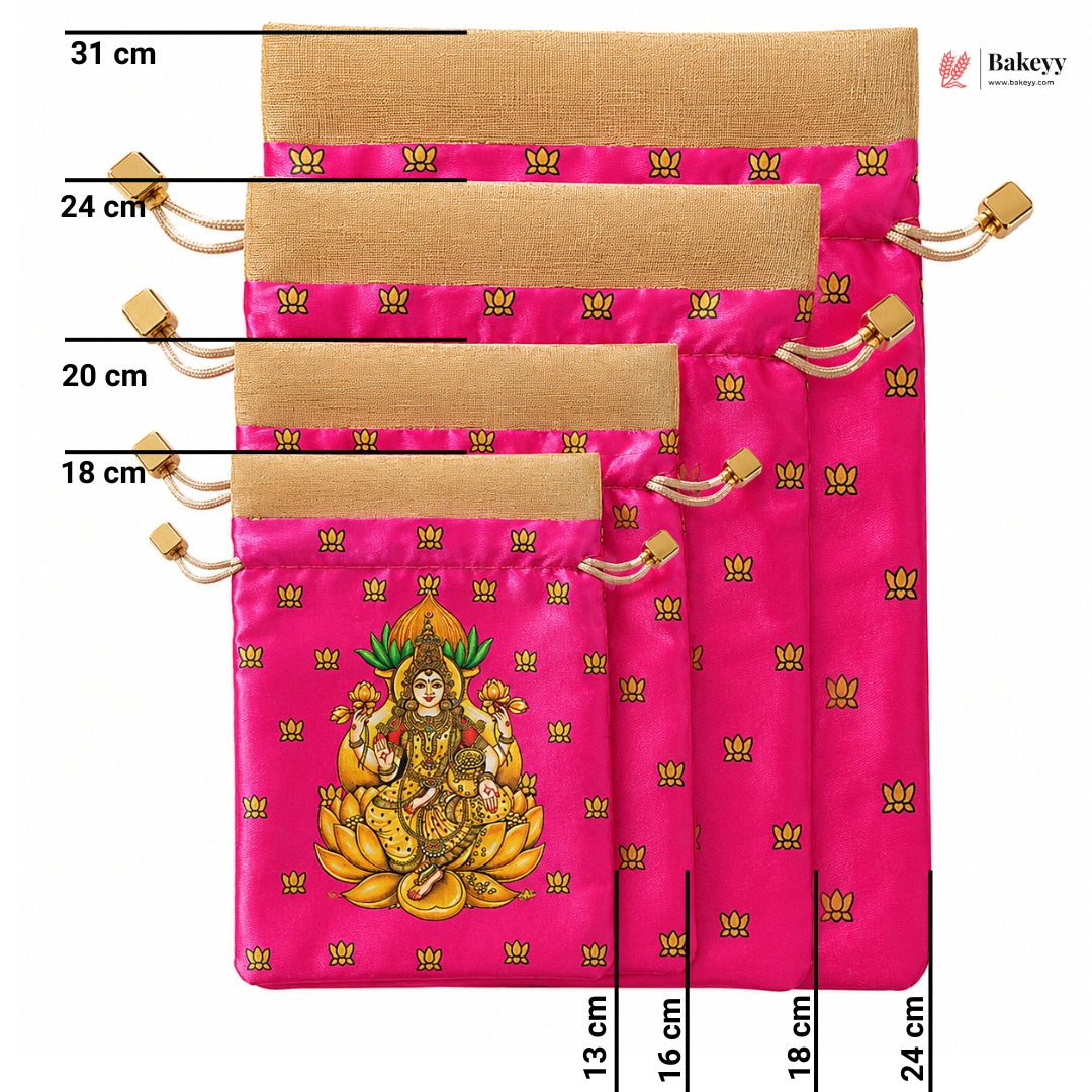 Lakshmi Print Drawstring Potli Gift Bag | Satin Finish with Organza Top | Pack of 10