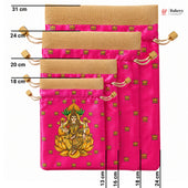 Lakshmi Print Drawstring Potli Gift Bag | Satin Finish with Organza Top | Pack of 10