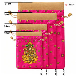 Lakshmi Print Drawstring Potli Gift Bag | Satin Finish with Organza Top | Pack of 10