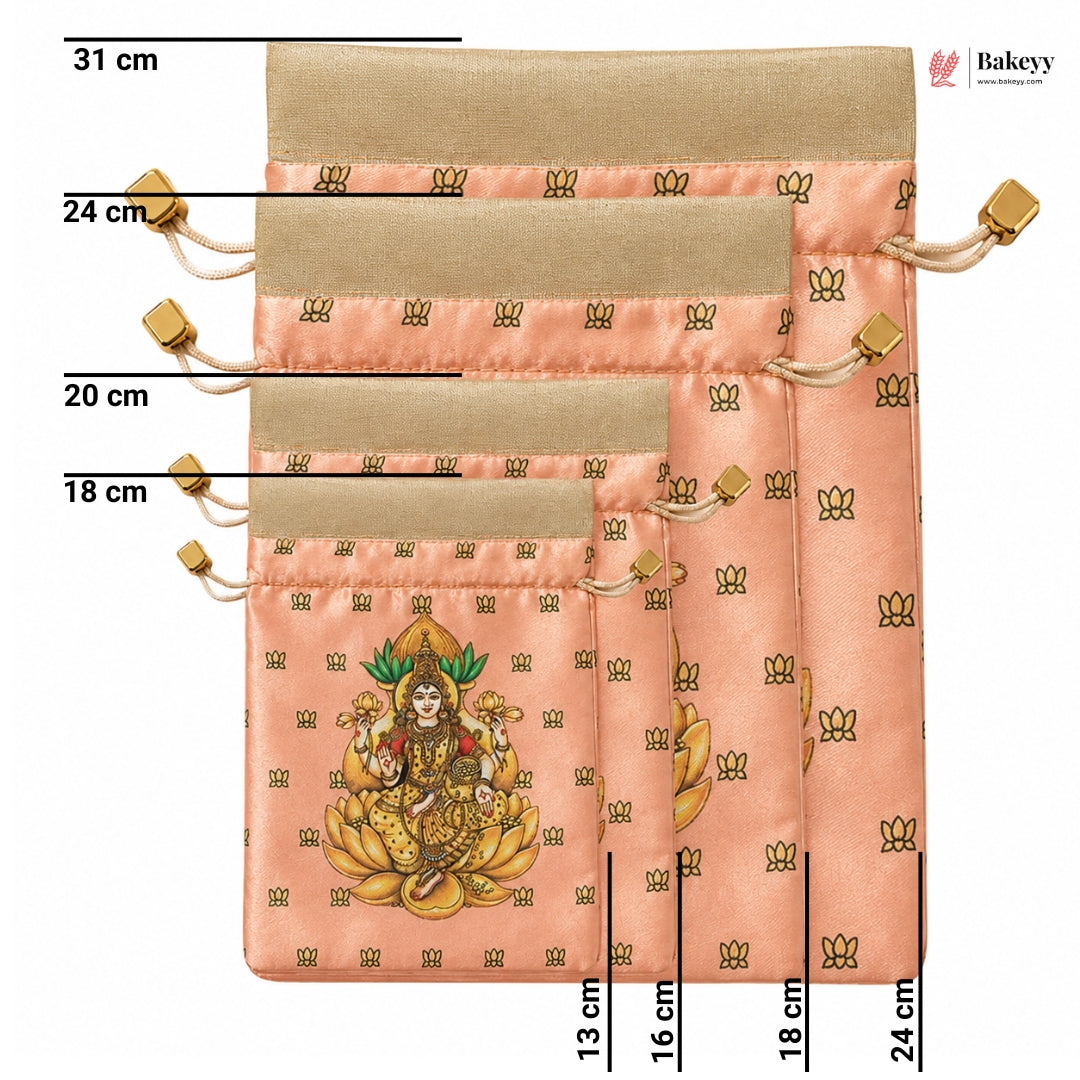 Lakshmi Print Drawstring Potli Gift Bag | Satin Finish with Organza Top | Pack of 10