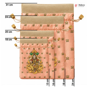Lakshmi Print Drawstring Potli Gift Bag | Satin Finish with Organza Top | Pack of 10