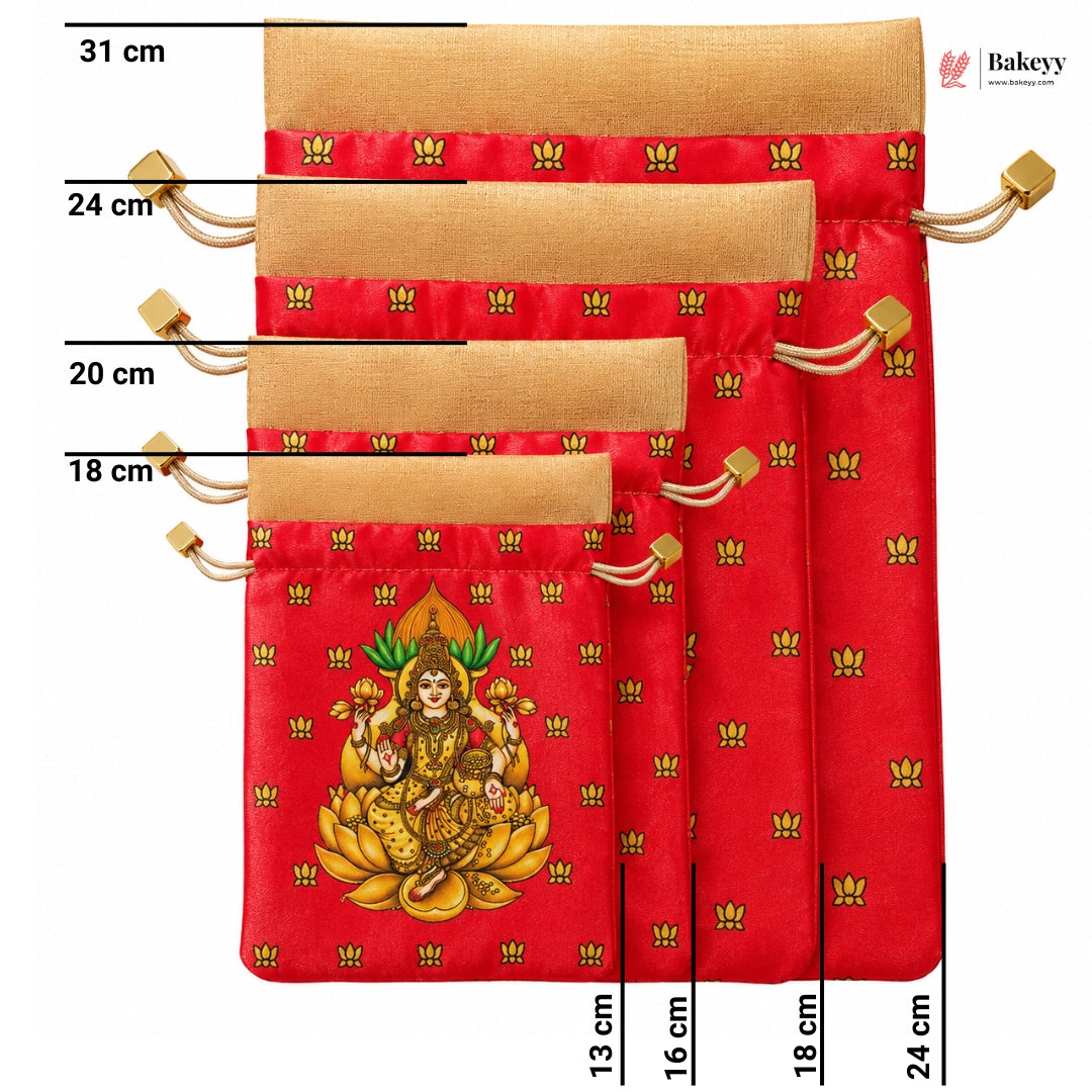 Lakshmi Print Drawstring Potli Gift Bag | Satin Finish with Organza Top | Pack of 10