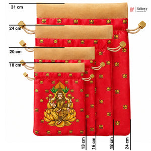 Lakshmi Print Drawstring Potli Gift Bag | Satin Finish with Organza Top | Pack of 10