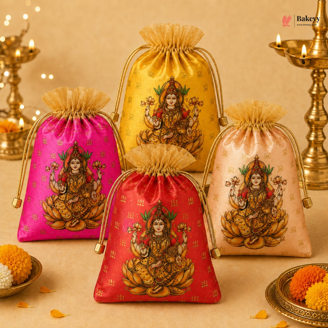 Lakshmi Print Drawstring Potli Gift Bag | Satin Finish with Organza Top| Pack of 10