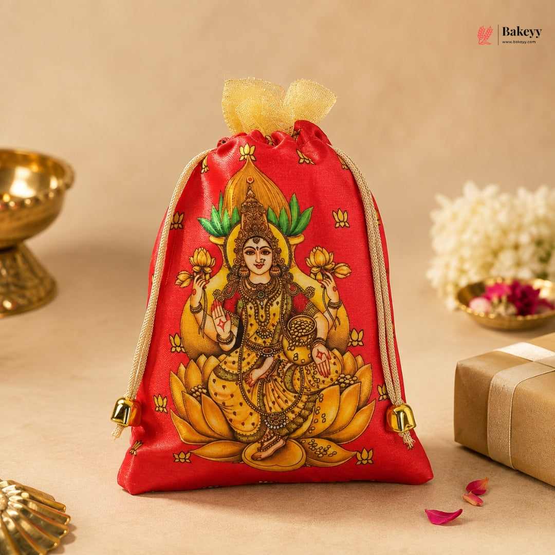 Lakshmi Print Drawstring Potli Gift Bag | Satin Finish with Organza Top | Pack of 10