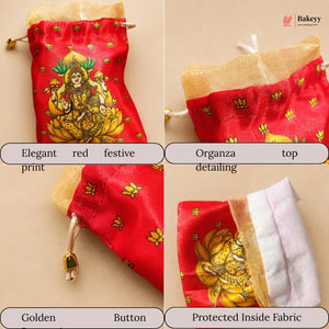 Lakshmi Print Drawstring Potli Gift Bag | Satin Finish with Organza Top | Pack of 10