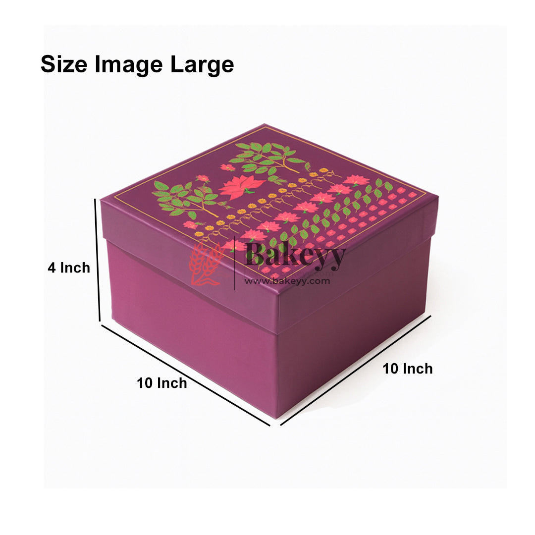 10x10x4 Inch | Large Floral Printed Premium Square Gift Box – Purple | Reusable Rigid Hamper Packaging  | Pack Of 1