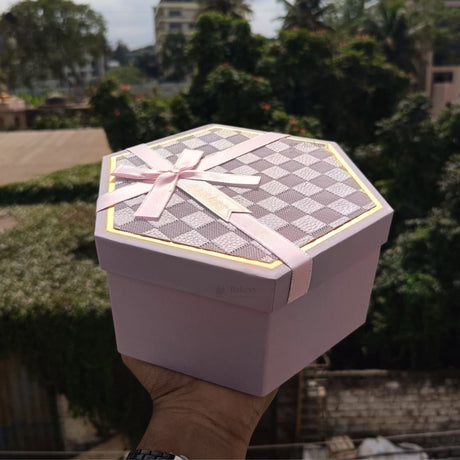 Lavender Hexagon Gift Box with Ribbon | Luxury Rigid Hamper & Chocolate Packaging Box | Available in 3 Sizes | Pack of 1