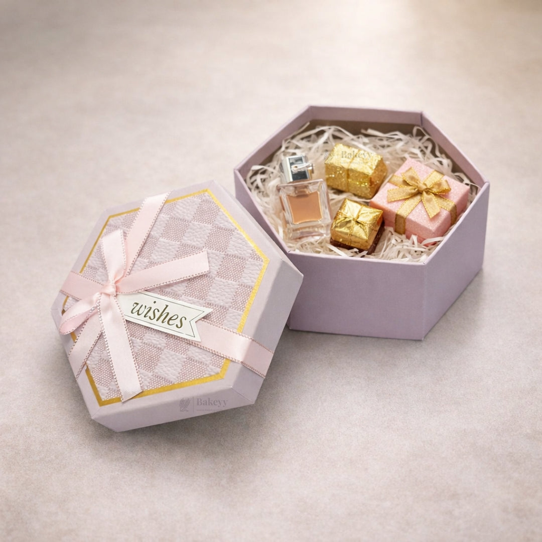 Lavender Hexagon Gift Box with Ribbon | Luxury Rigid Hamper & Chocolate Packaging Box | Available in 3 Sizes | Pack of 1
