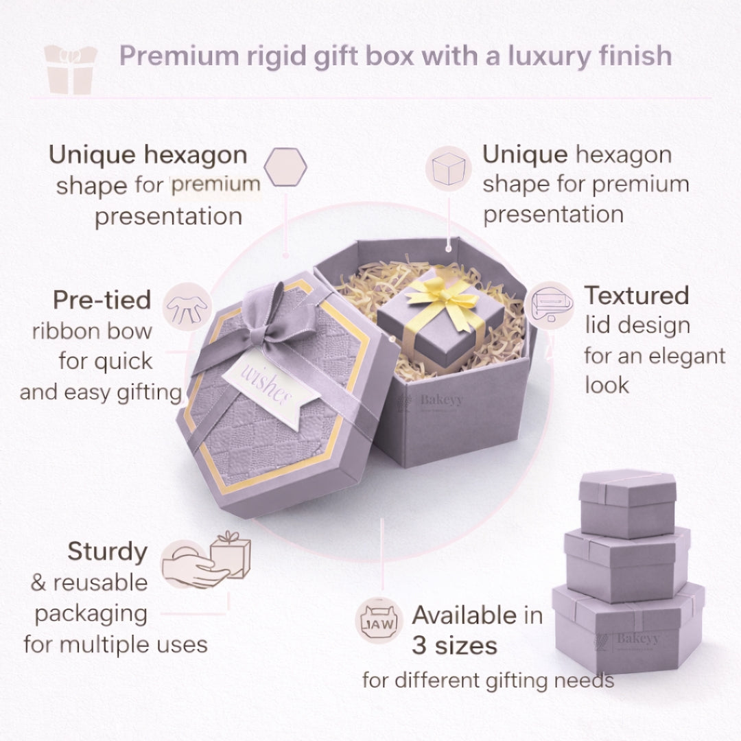 Lavender Hexagon Gift Box with Ribbon | Luxury Rigid Hamper & Chocolate Packaging Box | Available in 3 Sizes | Pack of 1