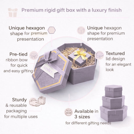 Lavender Hexagon Gift Box with Ribbon | Luxury Rigid Hamper & Chocolate Packaging Box | Available in 3 Sizes | Pack of 1
