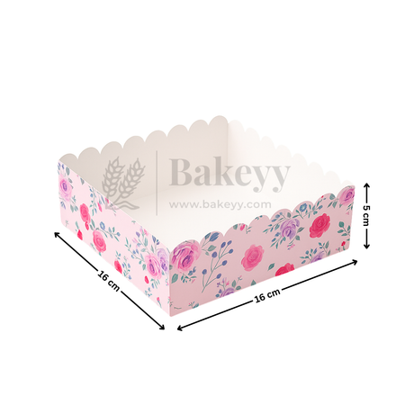 Floral-patterned cake box with dimensions and 'Bakeyy' branding on a white background