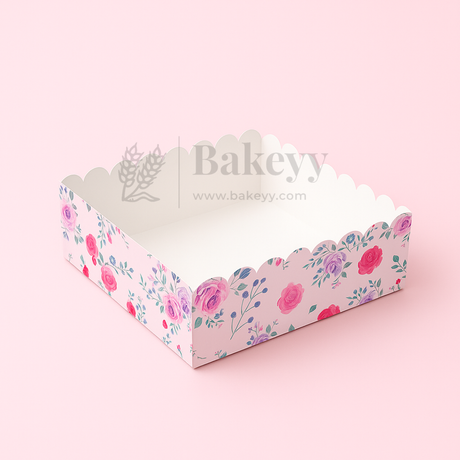 Floral-patterned cake box with 'Bakey' branding on a pink background