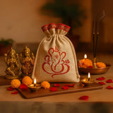 15x20 CM | Lord Ganesh Printed Jute Potli Bag | Return Gift Bags | Drawstring Pouches | Eco-Friendly Gifting - Pack of 50