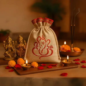 15x20 CM | Lord Ganesh Printed Jute Potli Bag | Return Gift Bags | Drawstring Pouches | Eco-Friendly Gifting - Pack of 50