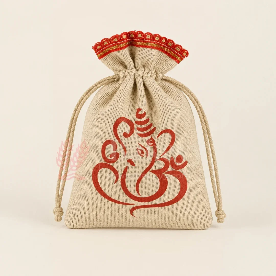 15x20 CM | Lord Ganesh Printed Jute Potli Bag | Return Gift Bags | Drawstring Pouches | Eco-Friendly Gifting - Pack of 50