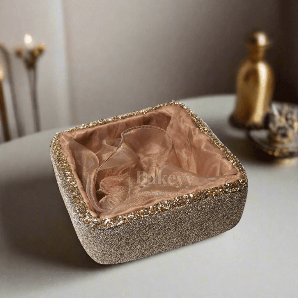 Premium Champagne Gold Embellished Hamper | Elegant Square Gifting Basket - Bakeyy.com - India - Premium Champagne Gold Embellished Hamper | Elegant Square Gifting Basket - Extra Small