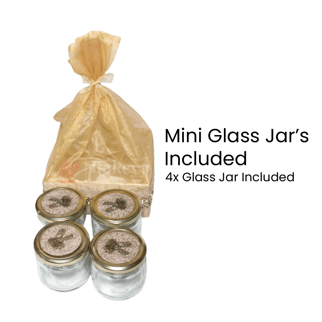 Luxurious Gold Velvet Square Basket with Four Glass Jars | Elegant Gifting Hamper with Fabric Net Interior - Bakeyy.com - India - Luxurious Gold Velvet Square Basket with Four Glass Jars | Elegant Gifting Hamper with Fabric Net Interior - Default Title