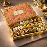 Premium Rigid Floral Printed Box
Gold Finished Inner Base
3 Separate Long Compartments
Transparent Food Grade Plastic Inserts
Perfect for Sweets, Chocolates &amp; Dry Fruits
Ideal for Festive &amp; Wedding Gifting