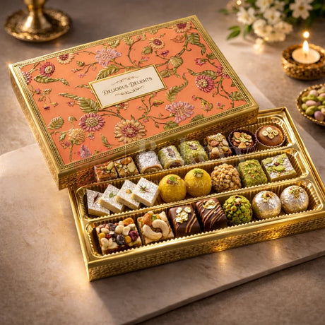 Premium Rigid Floral Printed Box
Gold Finished Inner Base
3 Separate Long Compartments
Transparent Food Grade Plastic Inserts
Perfect for Sweets, Chocolates &amp; Dry Fruits
Ideal for Festive &amp; Wedding Gifting