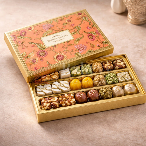 Premium Rigid Floral Printed Box
Gold Finished Inner Base
3 Separate Long Compartments
Transparent Food Grade Plastic Inserts
Perfect for Sweets, Chocolates &amp; Dry Fruits
Ideal for Festive &amp; Wedding Gifting