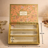 Premium Rigid Floral Printed Box
Gold Finished Inner Base
3 Separate Long Compartments
Transparent Food Grade Plastic Inserts
Perfect for Sweets, Chocolates &amp; Dry Fruits
Ideal for Festive &amp; Wedding Gifting